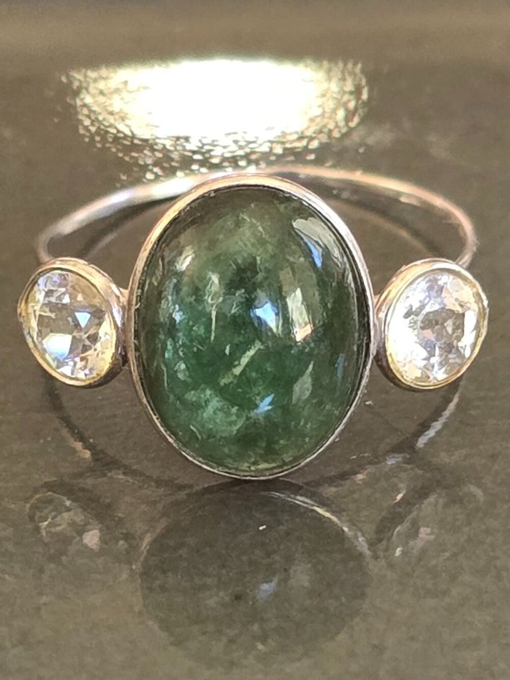 14K Gold Natural Emerald & Moissanite Ring Size 7 | Cabochon Statement Ring